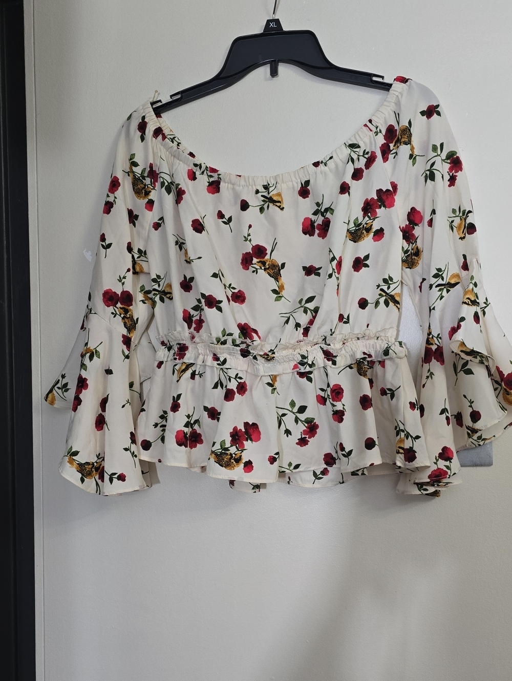 Timing Cream Off-Shoulder Peplum Top with Red & Yellow Floral Print